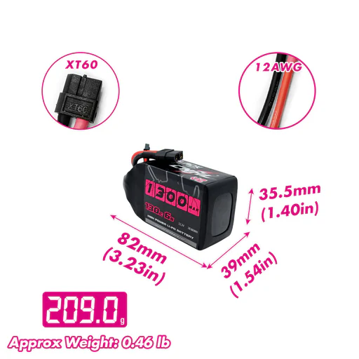 Size and weight overview of cnhl 1300mah 6s 130c lipo battery