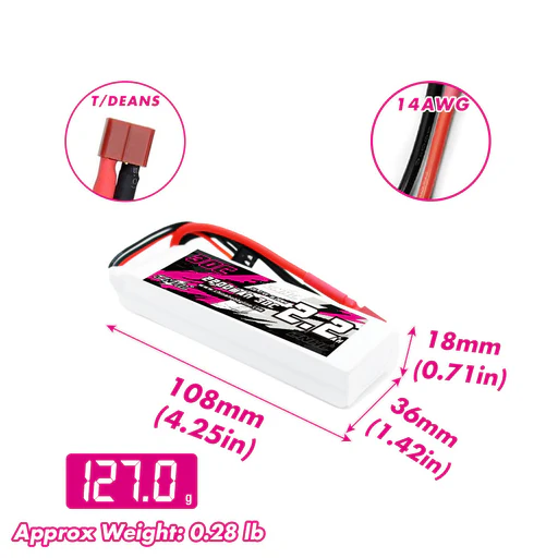 CNHL 2200mAh 2S Lipo Battery - Dimensions and Weight